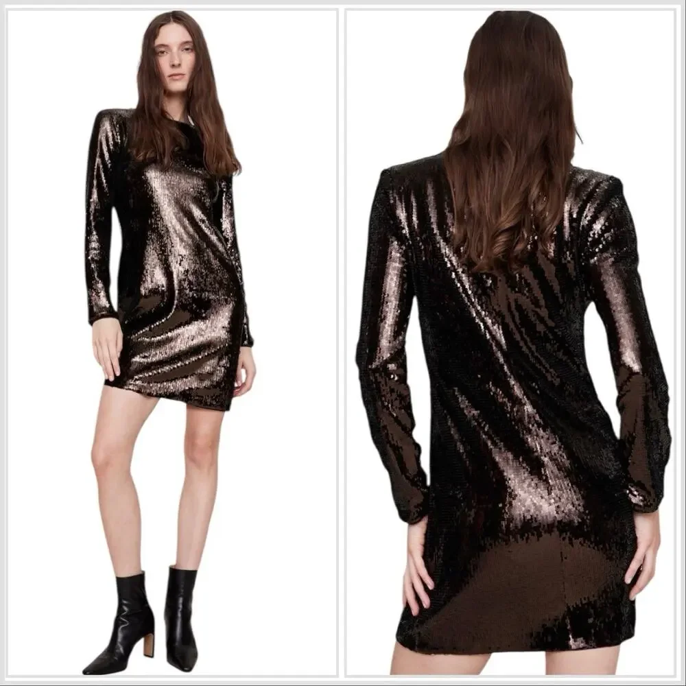 Banana Republic Stretch Sequin Chocolate Ganache Brown Long Sleeve Dress Sz M - Picture 1 of 7